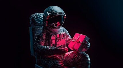 An astronaut in a dark setting holds a glowing gift while sitting, evoking feelings of wonder and excitement.
