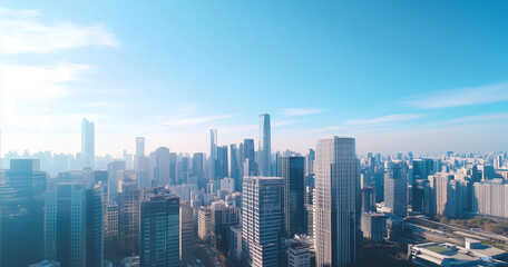 Naklejka premium Aerial View of City Skyline and Skyscrapers Under Blue Sky and White Clouds