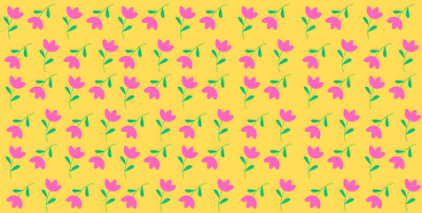 Seamless floral pattern with pink flowers and dark yellow background