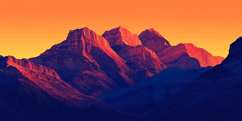 A vibrant sunset casts a warm glow over a mountain range, illuminating the peaks in shades of red and orange.
