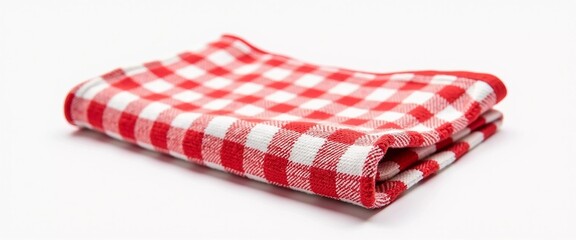 Fototapeta premium This red and white checkered kitchen towel is neatly folded and placed on a pristine countertop, inviting warmth and charm to the cooking area. Generative AI