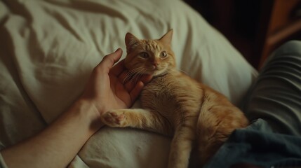  A photograph of an adult male's hand petting his cat on the head