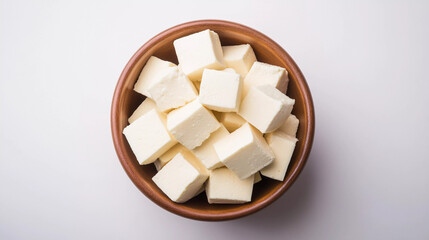 Paneer cubes in bowl on white background 