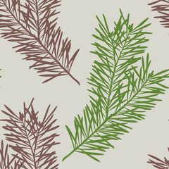 Pattern with green silhouettes of hand-drawn Christmas branches. Seamless texture with fir branches. Perfect for festive Christmas decor.