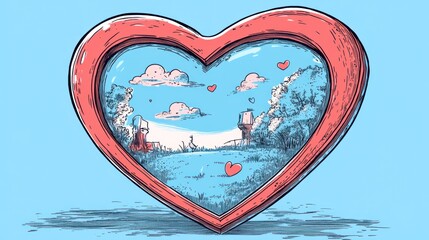 Stylized image of a painting in the shape of a heart with a beautiful landscape inside against the background of a blue sky with clouds. Valentine's day.