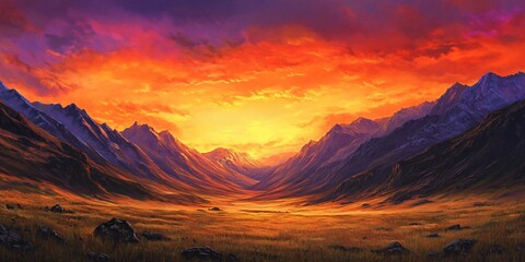Naklejka premium A vibrant sunset illuminates a valley surrounded by majestic mountain peaks.