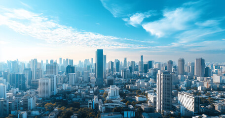 Obraz premium Aerial View of City Skyline and Skyscrapers Under Blue Sky and White Clouds
