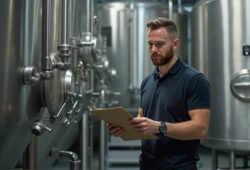 Fototapeta premium A brewery worker holds a tablet while inspecting large stainless steel tanks inside a brewery facility.