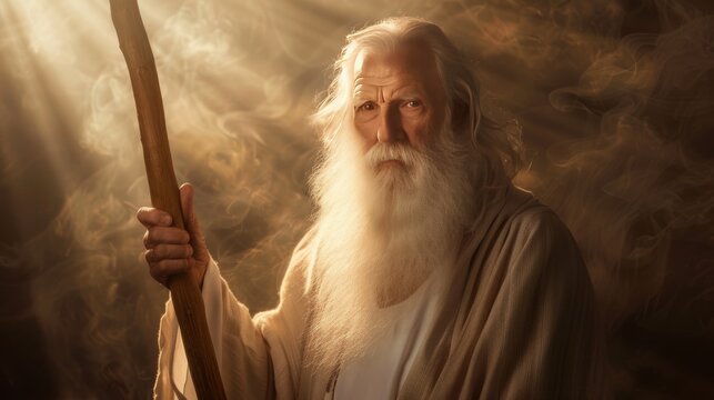 Cinematic portrait of a wise elderly man with a white beard in ethereal light and flowing robes - Powered by Adobe