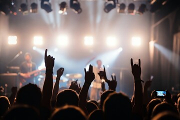Audience members raise their hands at a live concert, with stage lights shining in the background.