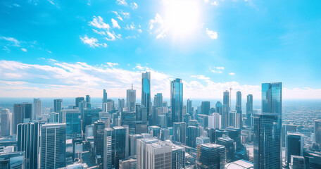 Naklejka premium Aerial View of City Skyline and High-Rise Buildings Under Blue Sky and White Clouds