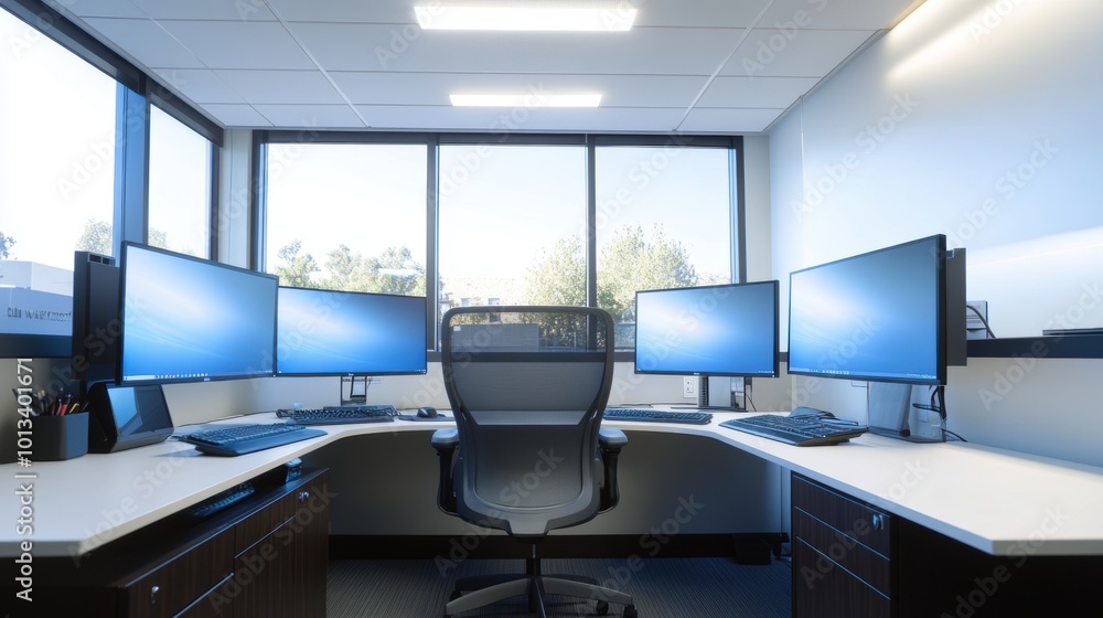 Poster modern office setup with advanced desktop computers