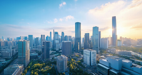 Aerial View of City Skyline and High-Rise Buildings Under Blue Sky and White Clouds