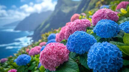 Vibrant blue and pink hydrangeas bloom against a backdrop of a dramatic cliffside and ocean.