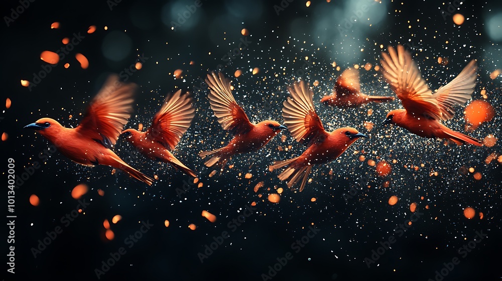 Aufkleber a flock of red birds flying in a dark background with bokeh effect and sparkles.
