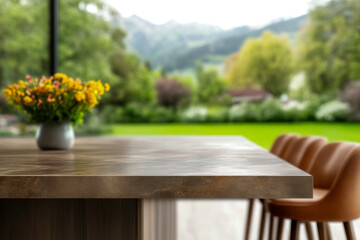 A marble bar texture complements a serene garden view outside the window