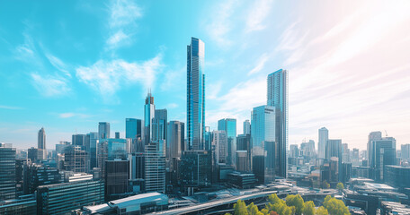 Naklejka premium Aerial View of City Skyline and High-Rise Buildings Under Blue Sky and White Clouds