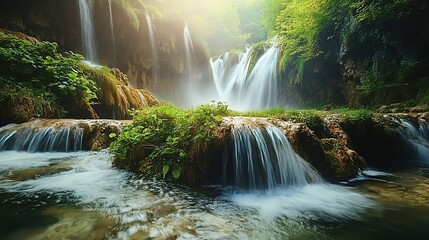 Serene Waterfall Flowing Through Lush Greenery