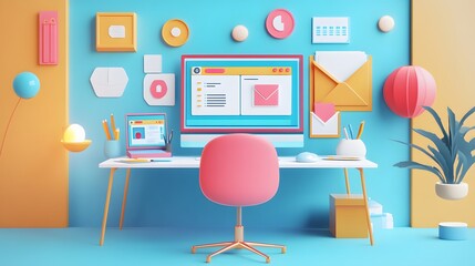 Web UI-UX design, SEO optimization marketing. Studying at home, online education at the university. Web building and cooperation meeting. 3d render illustration. 