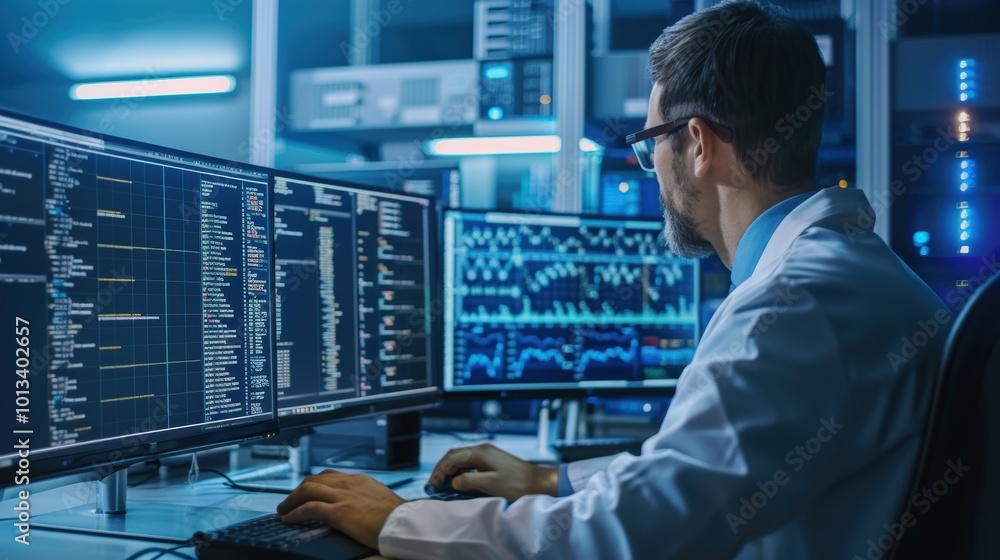 Poster data scientist running simulations in modern lab