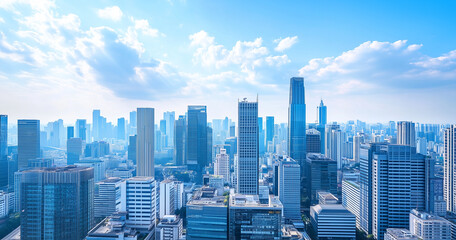 Fototapeta premium Aerial View of City Skyline and High-Rise Buildings Under Blue Sky and White Clouds