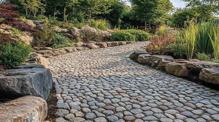 Cobblestone Path Through Lush Garden