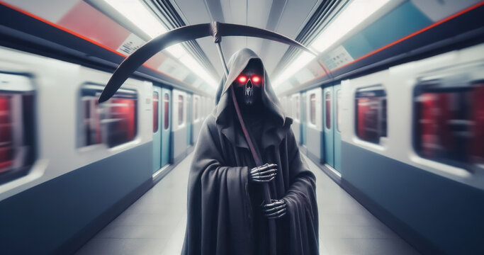 Costumed Halloween character in the subway. Halloween concept.