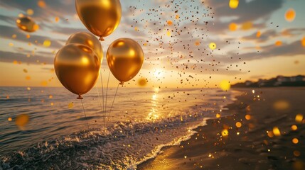 A serene beach scene during sunset, with golden balloons gently swaying in the breeze and glittering confetti floating in the air, highlighting a quiet celebration by the water.