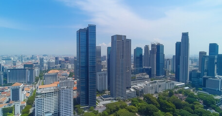 Obraz premium Aerial View of City Skyline and High-Rise Buildings Under Blue Sky and White Clouds