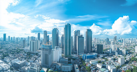 Fototapeta premium Aerial View of City Skyline and High-Rise Buildings Under Blue Sky and White Clouds