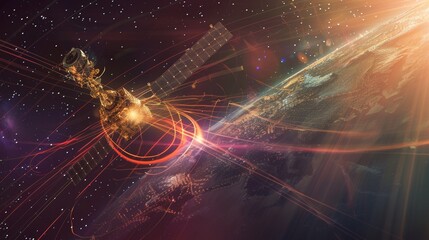Detailed satellite in action  showcasing advanced technology and signal transmission in space