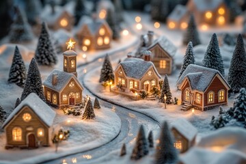 miniature Christmas village scene, with quaint little houses, snow-covered trees, and a winding road leading to a church with a glowing star