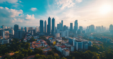 Naklejka premium Aerial View of City Skyline and High-Rise Buildings Under Blue Sky and White Clouds