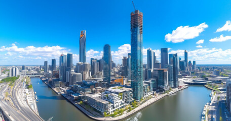 Obraz premium Aerial View of City Skyline and High-Rise Buildings Under Blue Sky and White Clouds