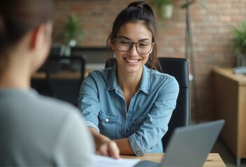 Fototapeta premium A woman wearing glasses and a denim shirt works on her laptop in a modern office, smiling while typing.