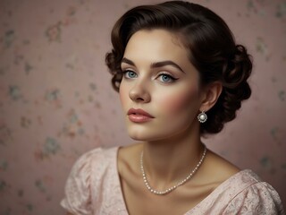 Feminine portrait exuding retro glamour in a pastel setting.