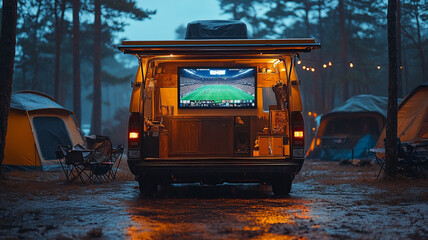 Friends are watching a live game on a smart TV in the back of a camping SUV.