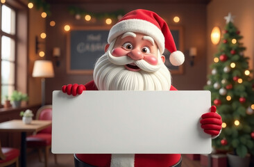 Santa Claus holds a white banner in the background of a cafe decorated with a Christmas tree and garland. Generated AI
