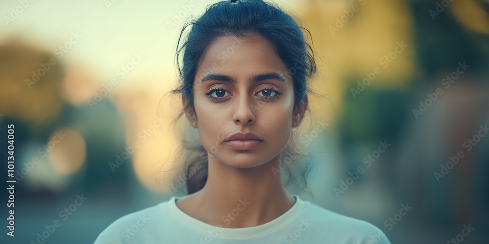 Sticker Young woman with dark hair and brown eyes looking directly at the camera wearing a white shirt.