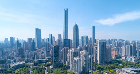 Obraz premium Aerial View of City Skyline and High-Rise Buildings Under Blue Sky and White Clouds