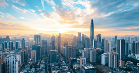 Fototapeta premium Aerial View of City Skyline and High-Rise Buildings Under Blue Sky and White Clouds