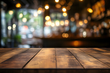Empty wooden table top with a blurred bokeh background design of a coffee shop interior, suitable for a product display montage design