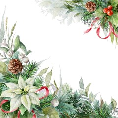 Fototapeta premium Watercolor Christmas horizontal card template with white poinsettia flower, fir branches, holly berry and red ribbon. 