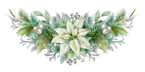 Fototapeta premium Watercolor garland with white poinsettia, berries, spruce branches and herbs. Christmas decorative element.