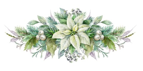 Watercolor horizontal garland with white poinsettia, berries, fir branches and herbs. Christmas decorative element.	