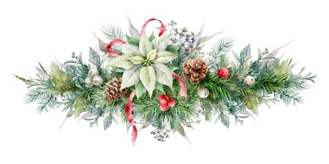 Watercolor horizontal garland with white poinsettia, red berries, fir branches, cones, red bow and herbs. Christmas decor.	