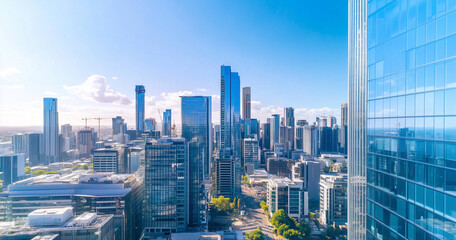 Fototapeta premium Aerial View of City Skyline and High-Rise Buildings Under Blue Sky and White Clouds