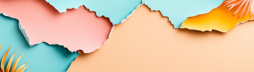 Vibrant, torn paper layers in pastel colors create a modern backdrop, ideal for design projects and artistic displays.