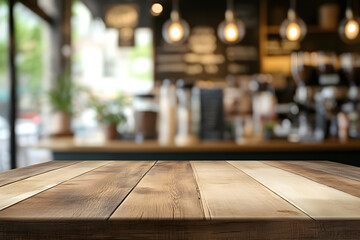 Empty wooden table top with a blurred bokeh background design of a coffee shop interior, suitable for a product display montage design