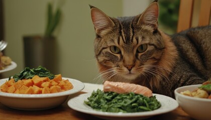 A cat savoring a gourmet meal with fresh, nutritious ingredients like salmon and vegetables, highlighting the importance of balanced feline nutrition